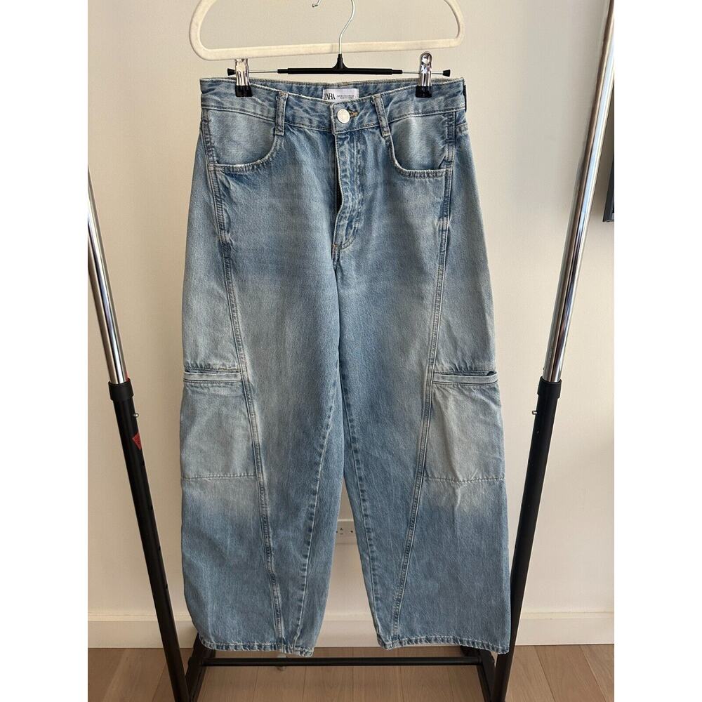ZARA Women High Rise Cargo Side Pocket Denim Wide Leg Pants Sz US 6 Light Wash